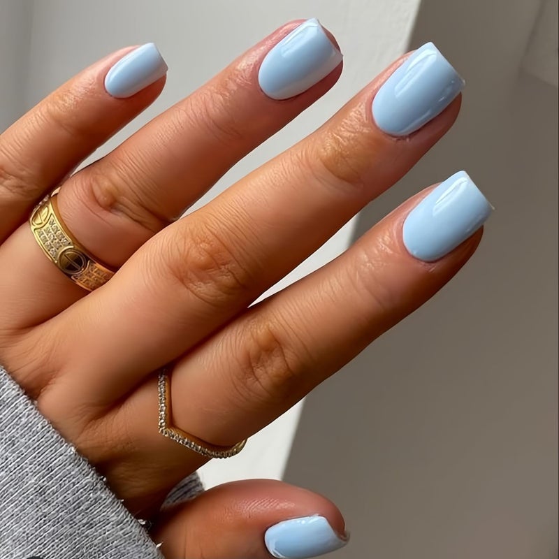 KQueenest 48 Pcs Acrylic Press on Nails Short Length, Press on Baby Blue Nails, Solid Color Small Fake Nails Set, Natural Gel Glue on Nails Short, Stick on Nails For Women Finger Decoration - Image 1